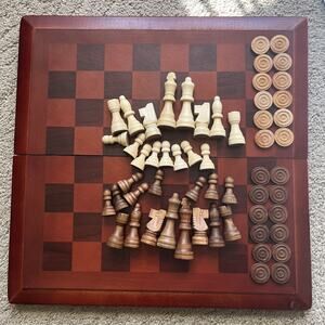Cardinal Wooden Folding Chess Checker Set Rustic Simple Redwood Folding Case 15”